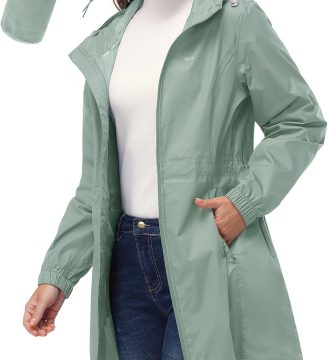 Women's Waterproof Long Rain Coats Packable Rain Jacket with Hood Trench Coats Windbreaker