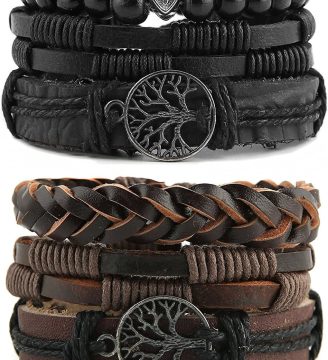 Genuine Leather Tree of life Bracelets Men Women, Tiger Eye Natural Stone Lava Rock Beads Ethnic Tribal Elastic Bracelets Wristbands